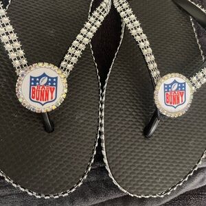 Black and Silver Flip Flops with Bad Bunny Logo